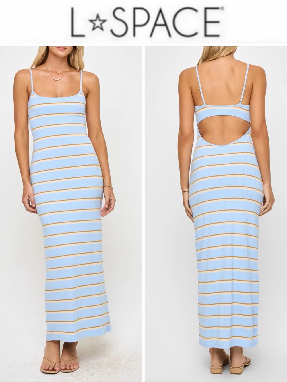 l*space Blue & Cream Striped Open-Back Maxi Dress